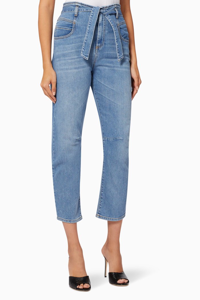 

Carrot Fit Belted Jeans in Stretch Cotton Denim, Blue
