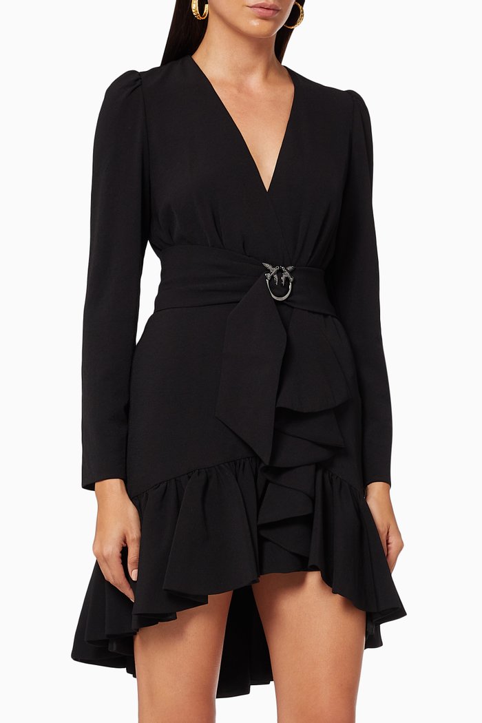 

Ruffled Dress with Love Birds Belt in Crêpe, Black
