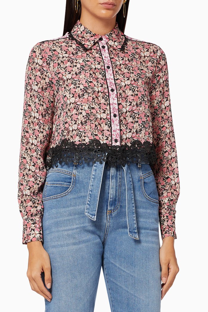 

Floral Print Short Shirt in Double Georgette, Pink