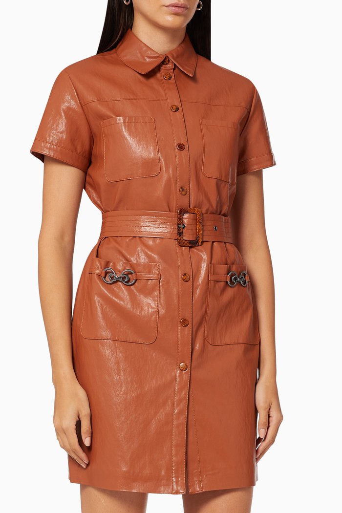 Belted Mini Shirt Dress in Leather-effect Fabric, Brown