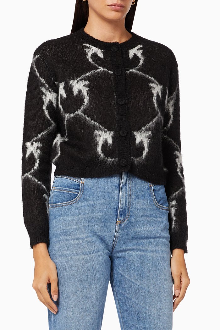 

Cropped Monogram Cardigan in Mohair Wool Blend Jacquard, Black
