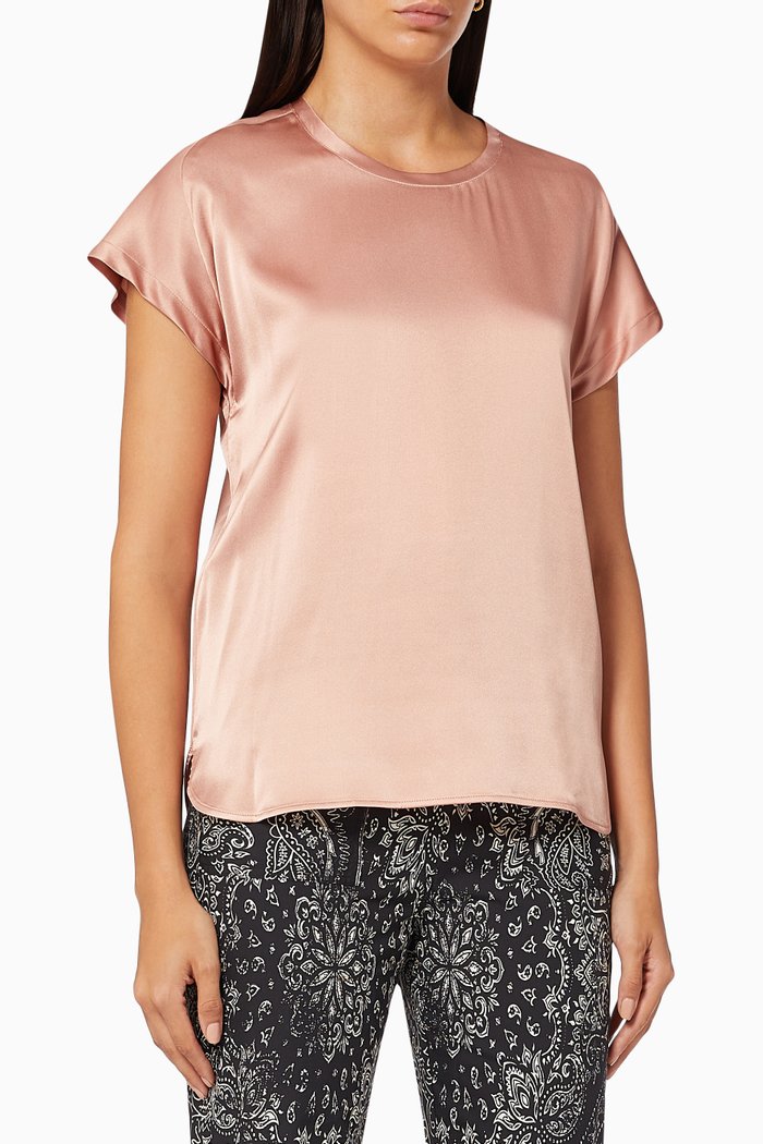 

Shiny Short Sleeve Blouse in Stretch Silk Satin, Pink