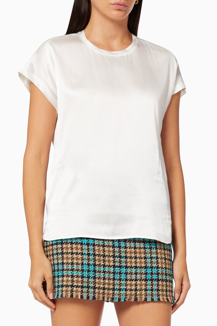 

Shiny Short Sleeve Blouse in Stretch Silk Satin, White