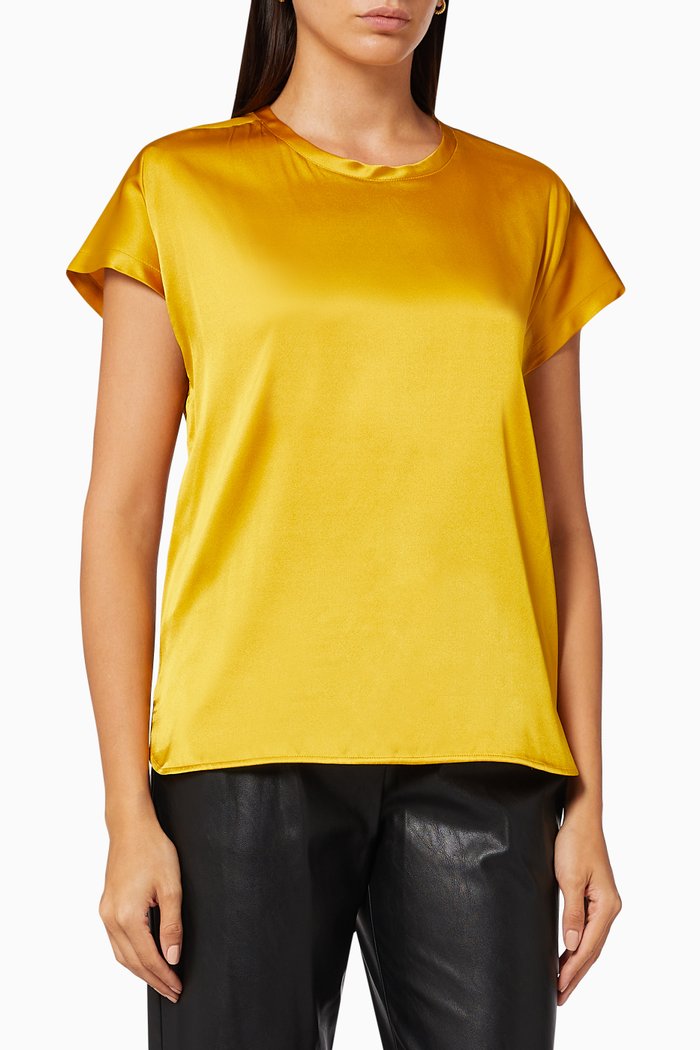 

Shiny Short Sleeve Blouse in Stretch Silk Satin, Gold
