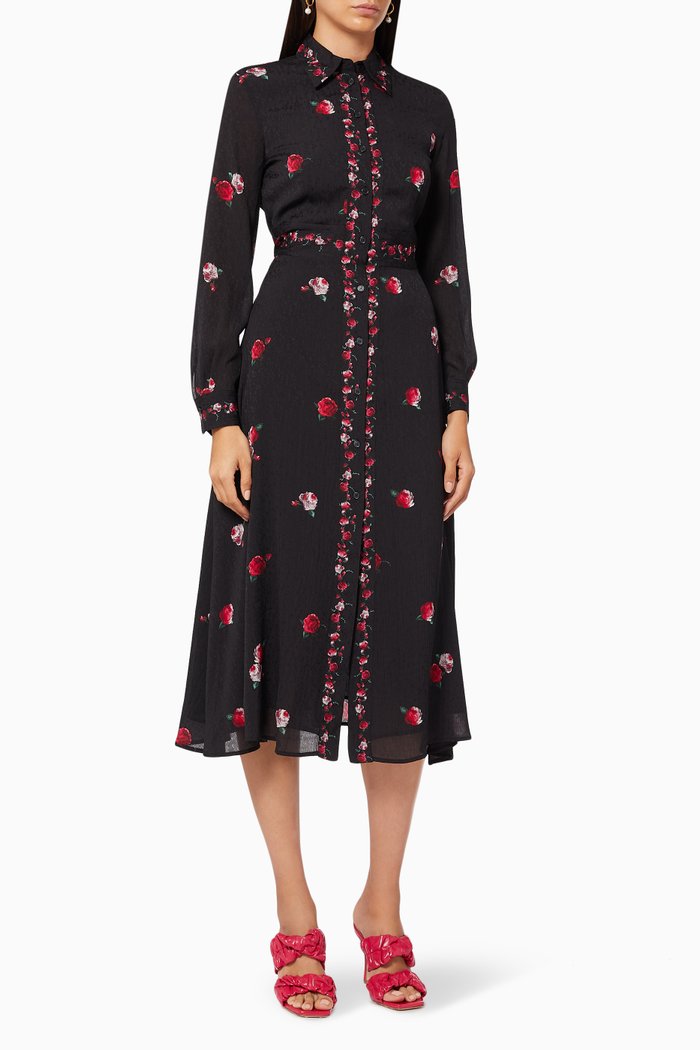 

Rose Motif Shirt Dress in Crépon Jacquard, Black