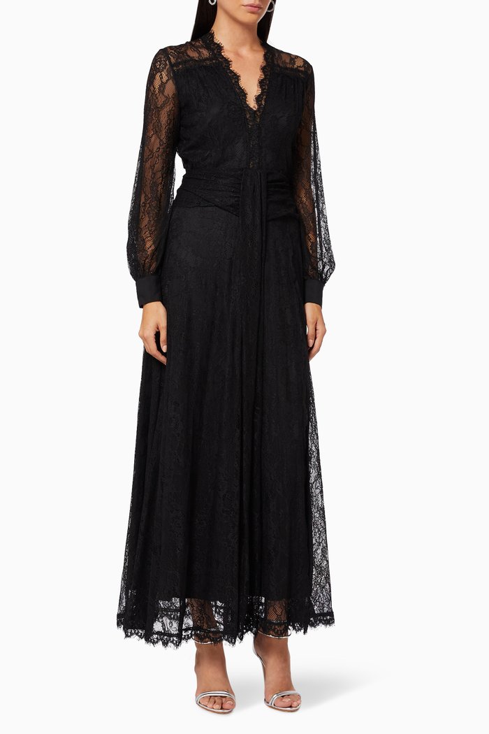 

Sheer Sleeve Maxi Dress in Stretch Lace, Black