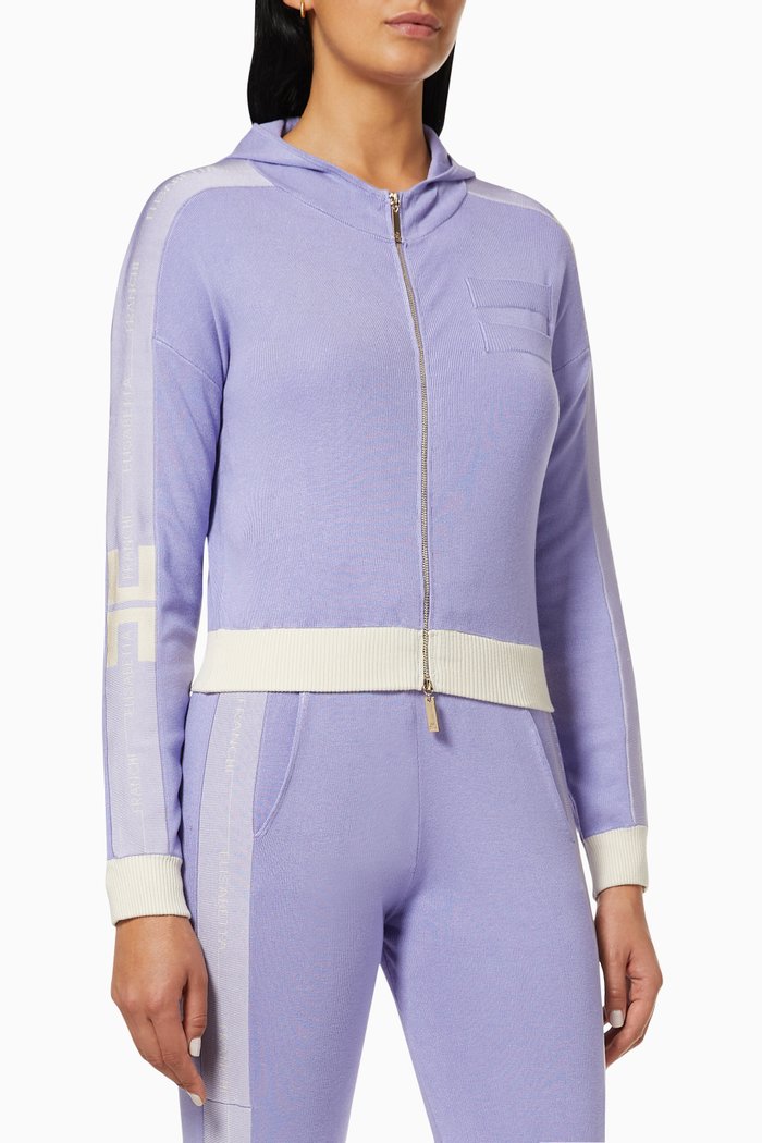 

Hooded Sweatshirt with Logo Intarsia in Viscose Knit, Purple