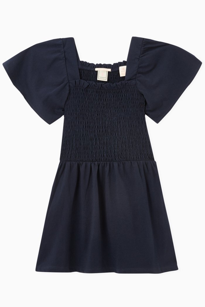 

Smocked Dress in Organic Cotton Jersey, Blue
