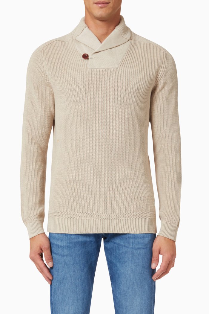 

Shawl Neck Jumper in Knitted Cotton, Neutral