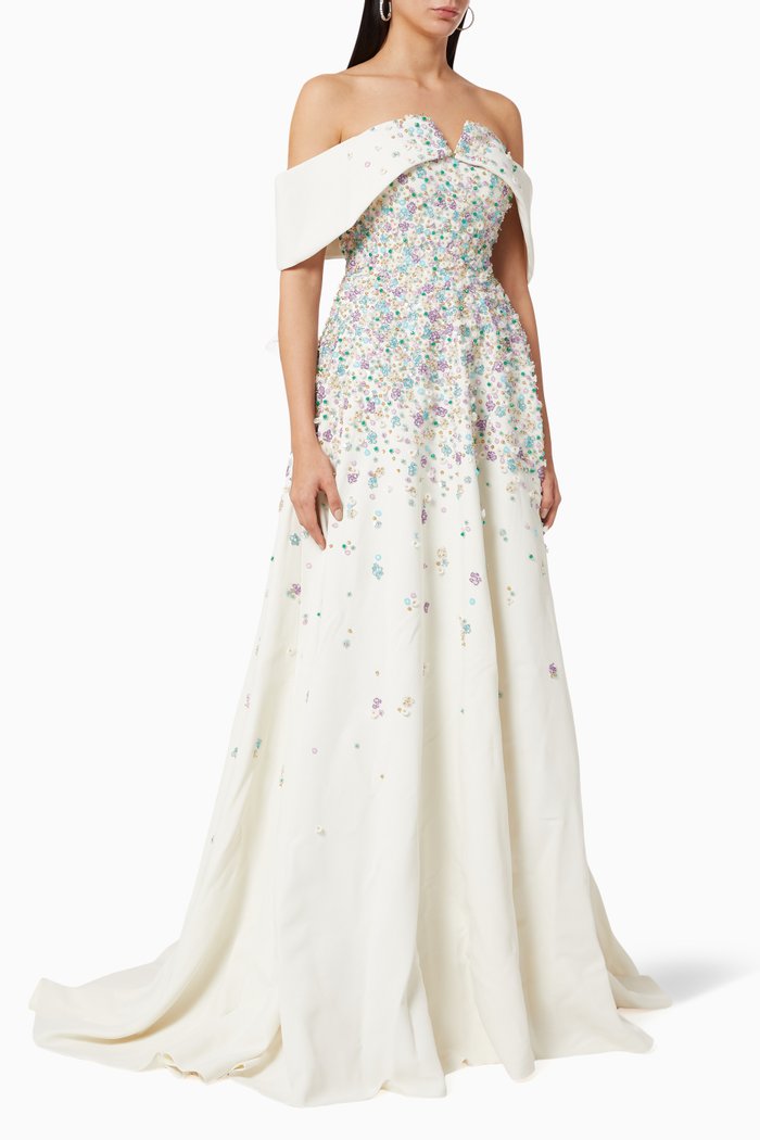 

Off-shoulder Beaded Dress in Crêpe Marocain, Neutral