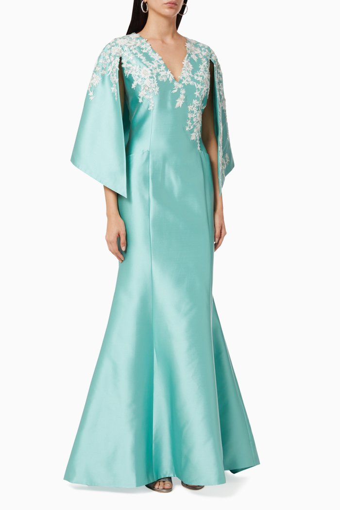 

Mikado Mermaid Embroidered Cape Dress, Blue