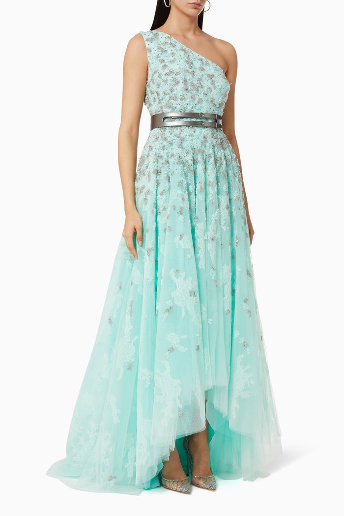

Asymmetrical Beaded Dress in Tulle, Blue