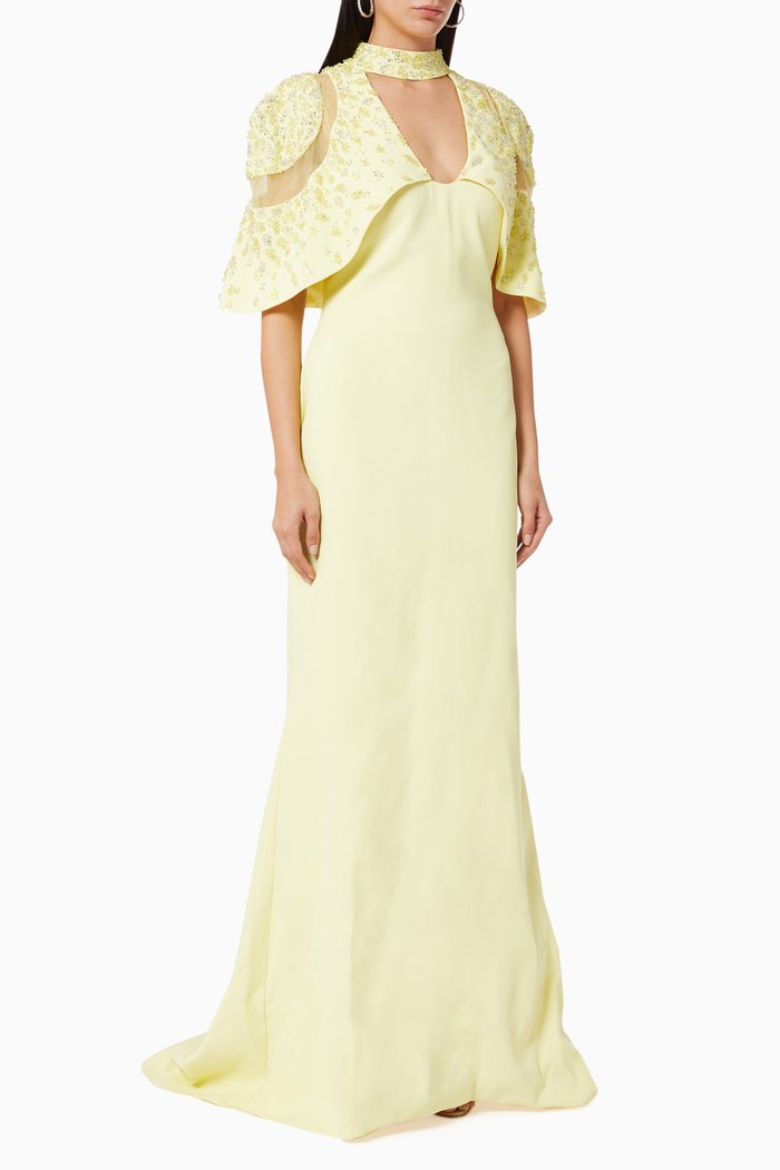 

Beaded Short Cape Mermaid Dress in Crêpe Marocain, Yellow