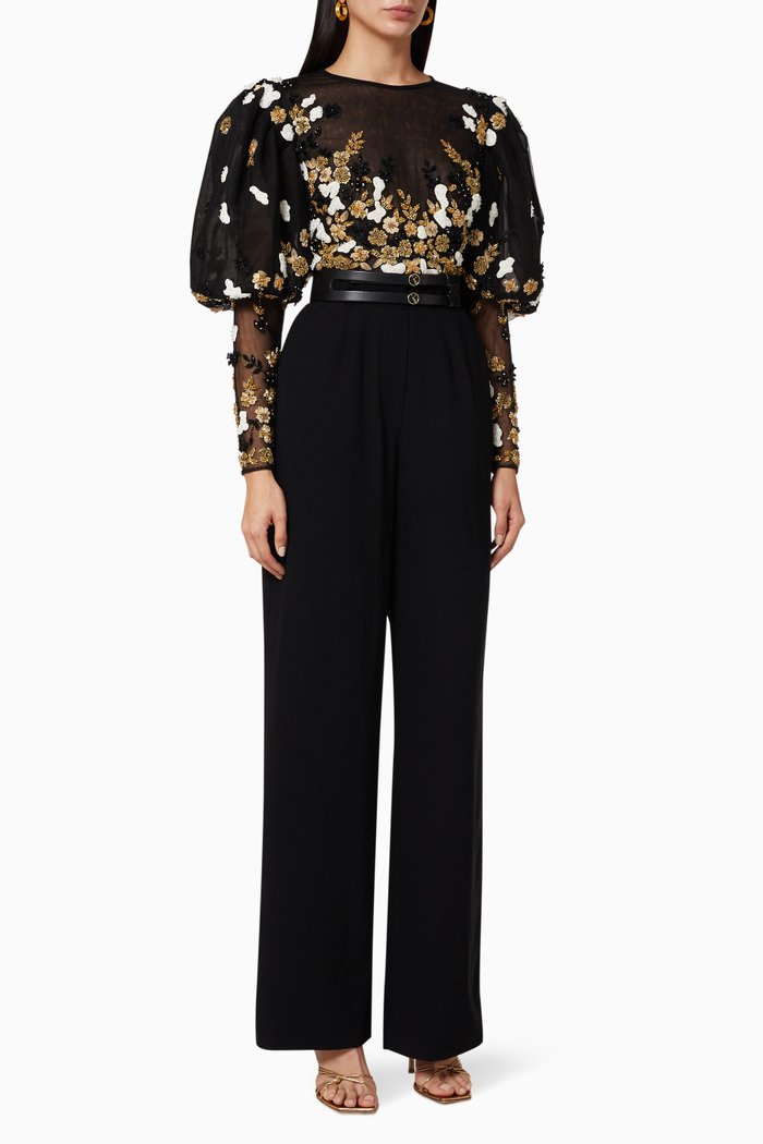 

Beaded Jumpsuit in Crêpe Marocain & Tulle, Black