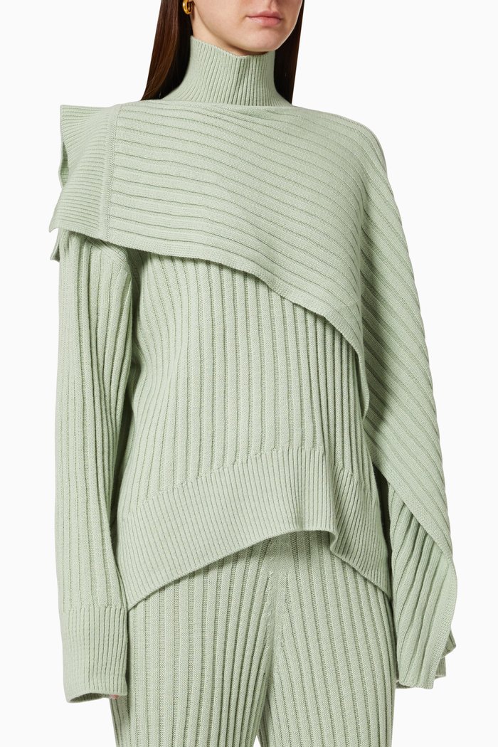 

Turtleneck Sweater & Muffler Set in Ribbed Wool Knit, Blue