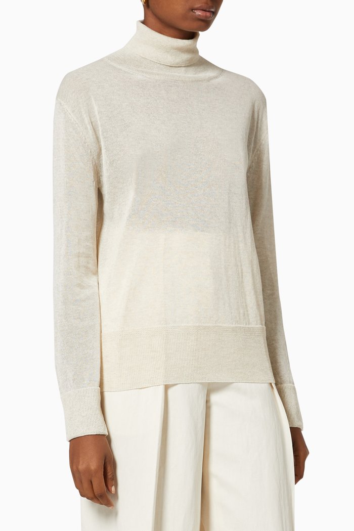

Turtleneck Sweater & Muffler Set in Cotton Blend Knit, Neutral