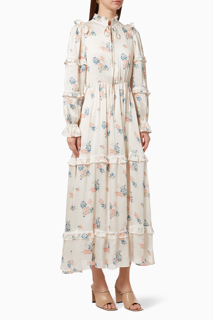 

Floral Tiered Dress with Belt, White