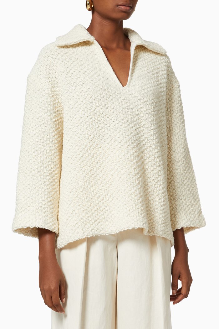 V-neck Pullover in Textured Wool Knit, Neutral