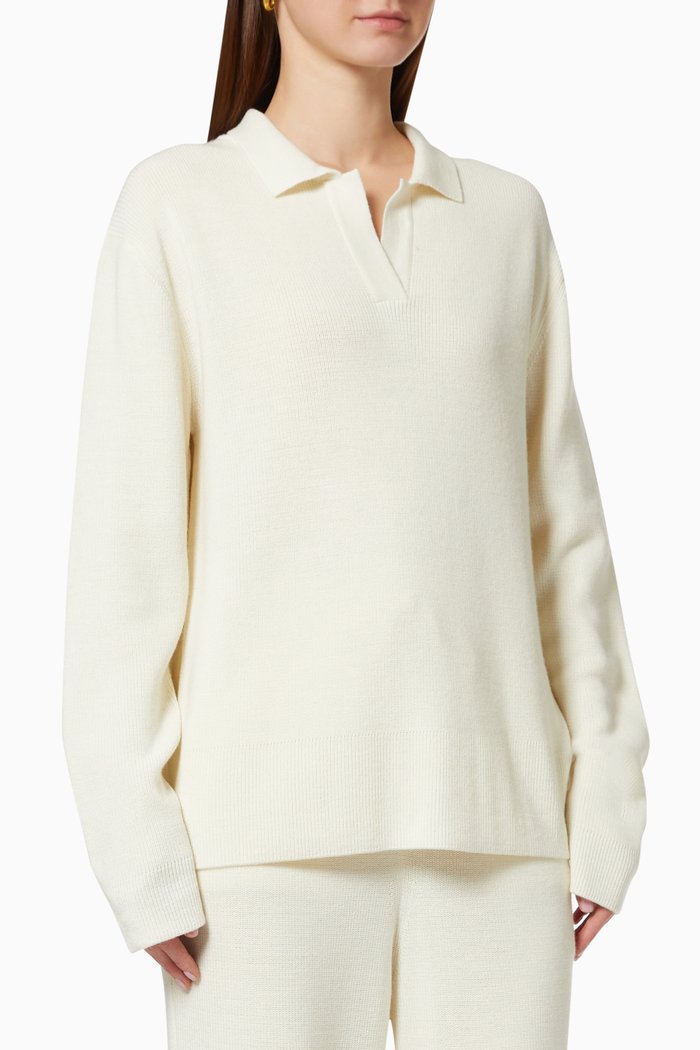 

Polo Collar Pullover in Cotton & Wool Knit, Neutral