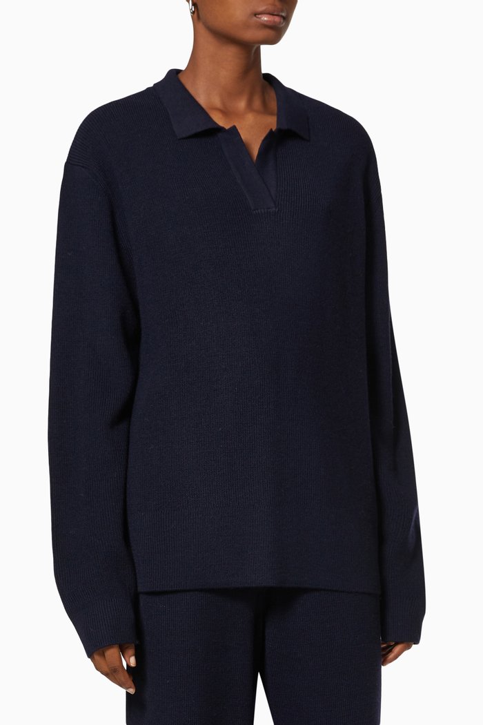 

Polo Collar Pullover in Wool Blend Knit, Blue