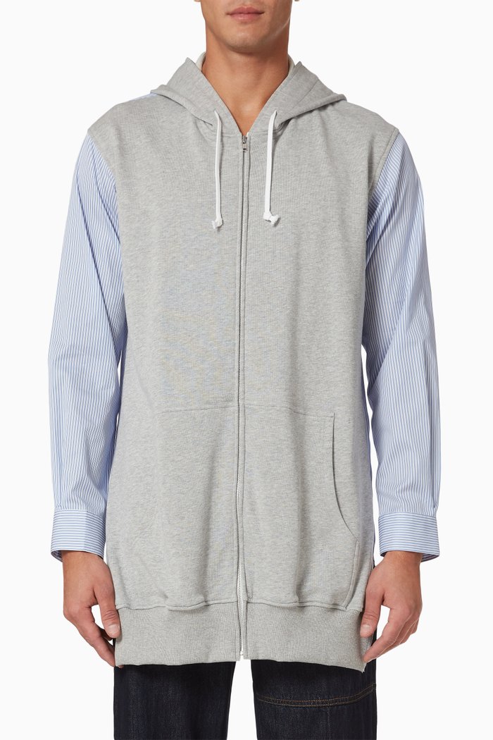 

Yarn-dyed Stripe Zip-up Hoodie/Shirt in Cotton Pile & Poplin, Grey