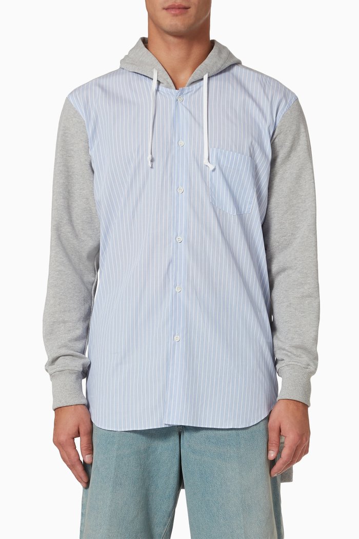 

Yarn-dyed Stripe Shirt/Hoodie in Cotton Poplin & Pile, Grey