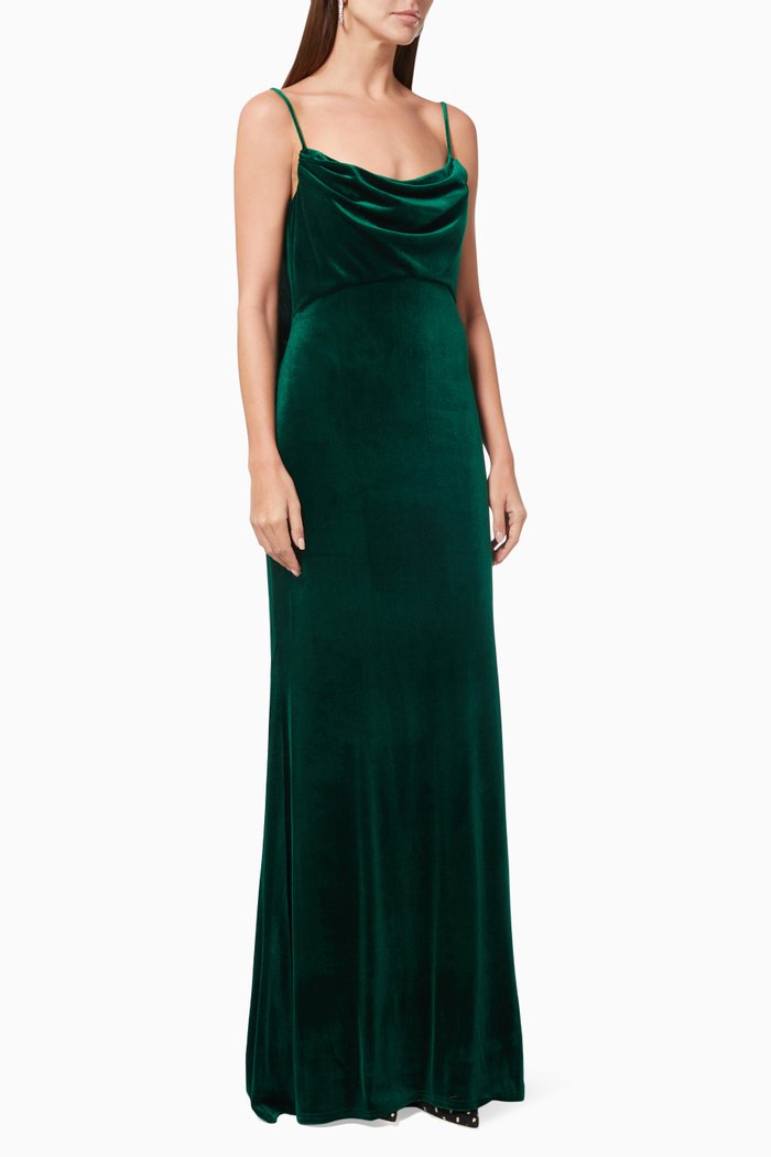 Joyse Drape Slip Gown in Velvet, Green