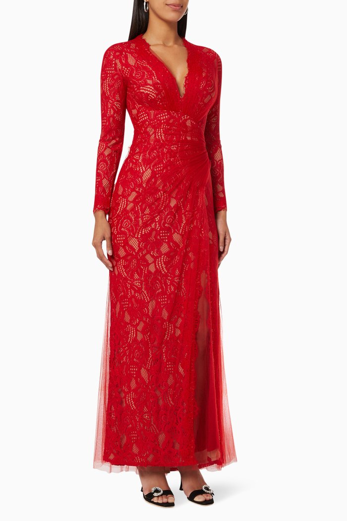 

Josson Draped Gown in Lace Tulle, Red