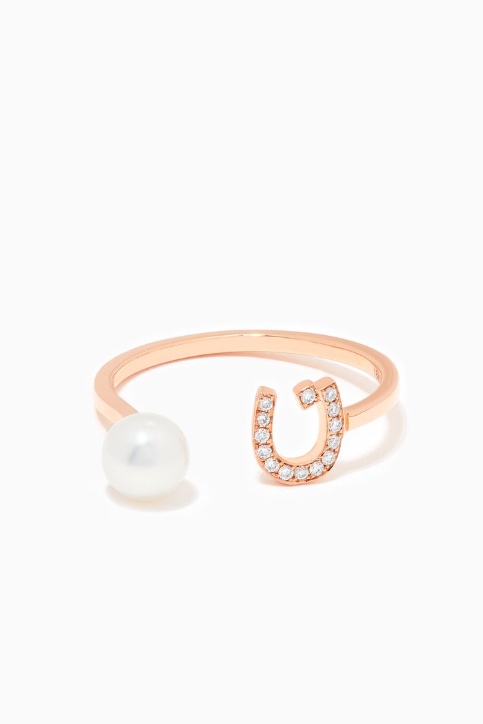 

"N" Letter Pearl Drop Ring with Diamonds in 18kt Rose Gold