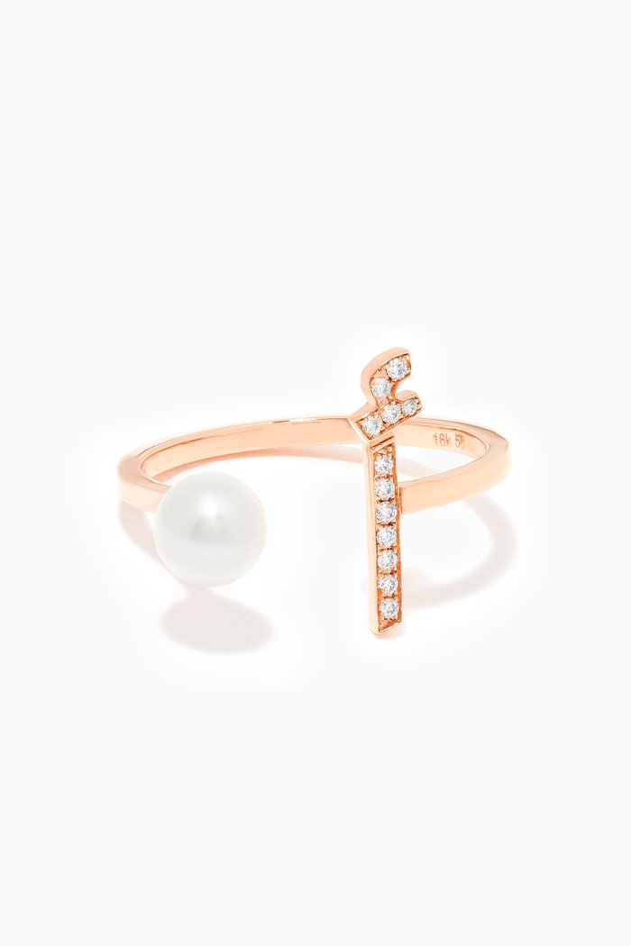 

"A" Letter Pearl Drop Ring with Diamonds in 18kt Rose Gold