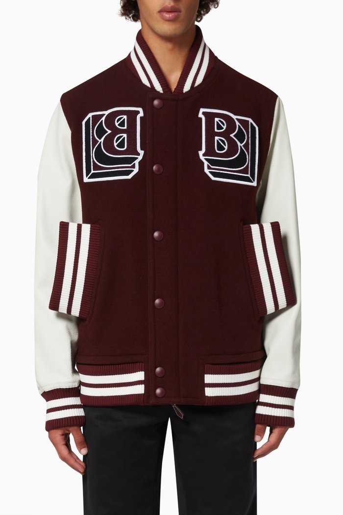 Leather Sleeve Varsity Jacket in Technical Wool, Red