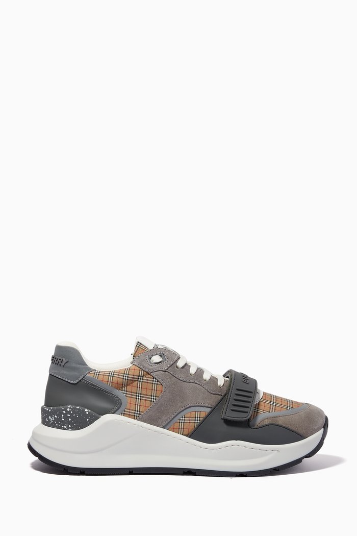 

Sneakers in Microcheck Tech Cotton, Suede & Leather, Grey