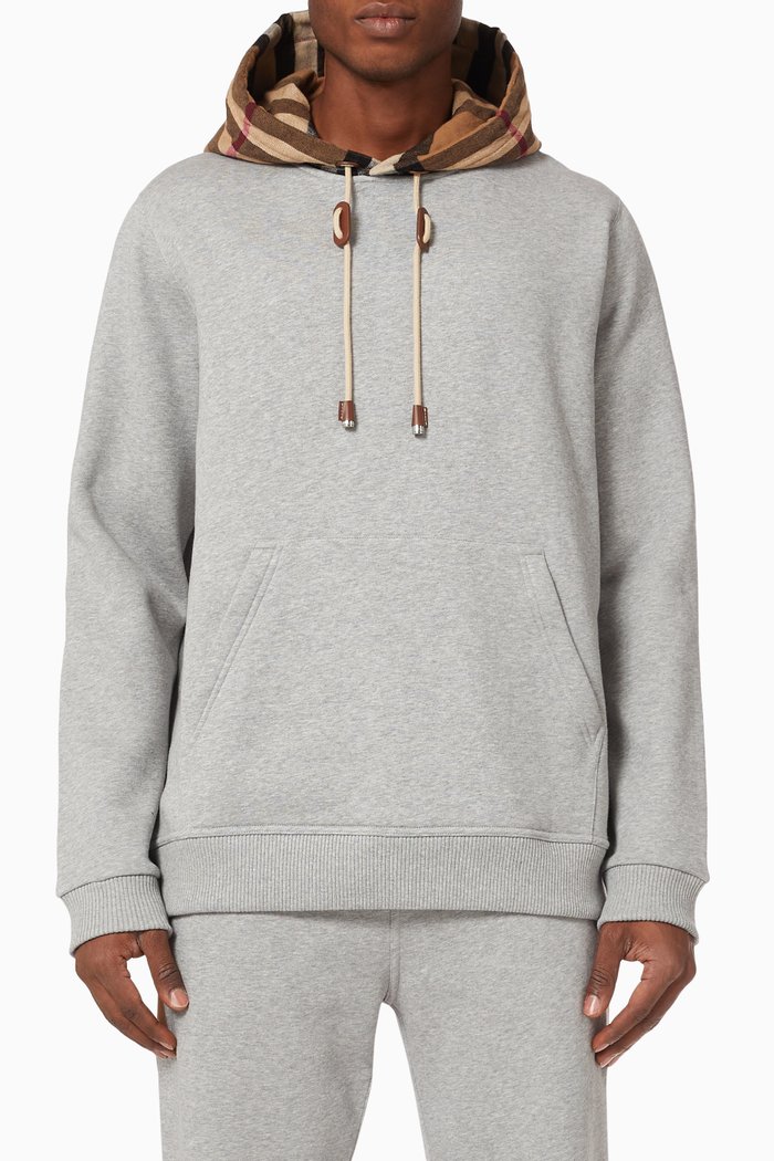 

Check Detail Hoodie in Brushed-back Cotton Blend, Grey