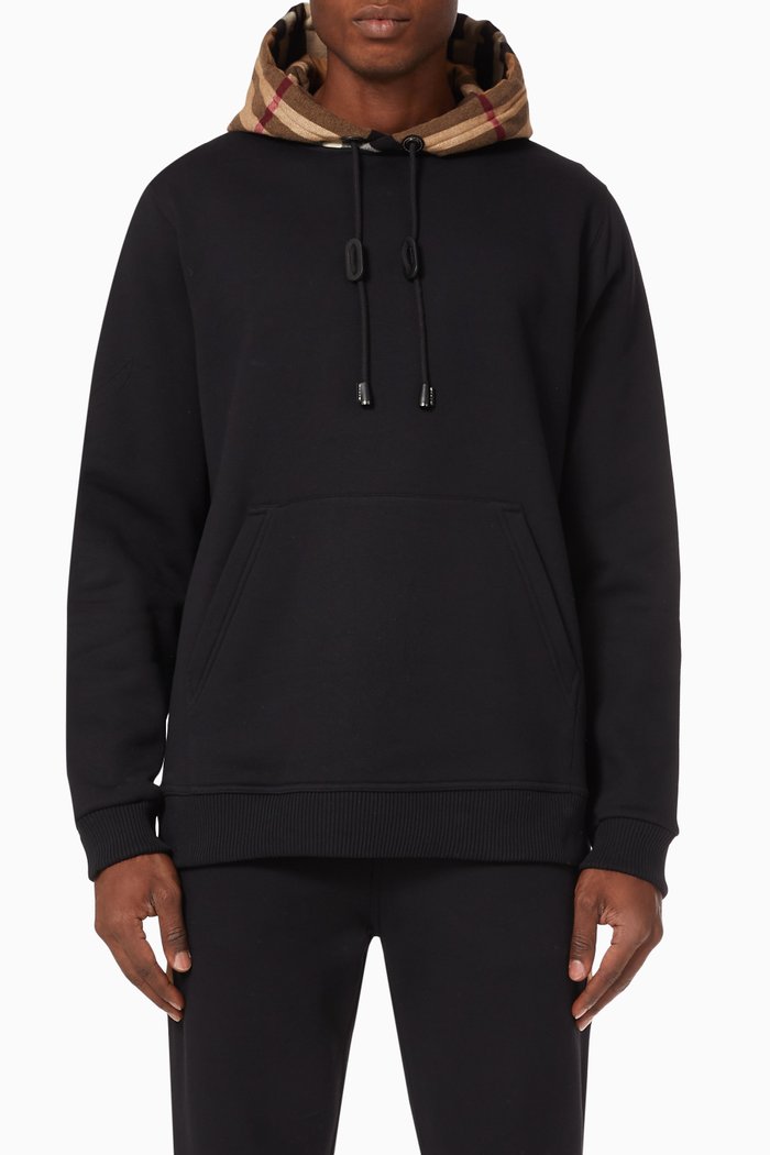 

Check Hood Hoodie in Brushed-back Cotton Blend, Black