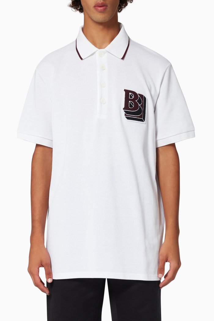 Letter Graphic Oversized Polo Shirt in Cotton Piqué, White