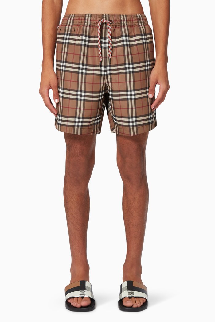 

Drawcord Swim Shorts in Check Print, Brown