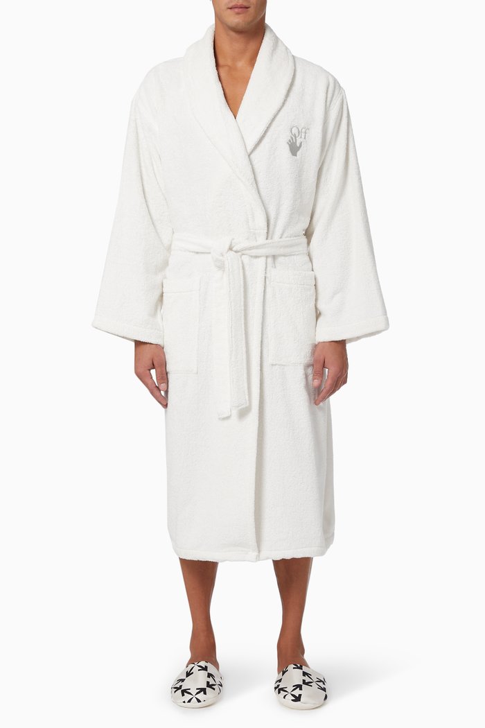 Arrows Leaves Bath Robe in Cotton Terry, White