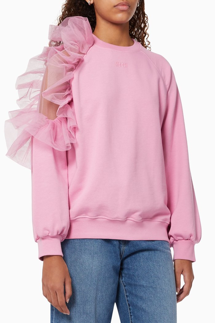 

Organza Ruffle Sweatshirt in Cotton Fleece, Pink
