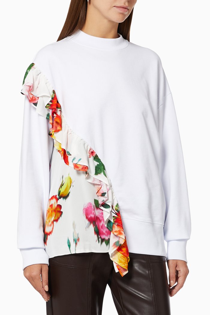 

Floral Ruffle Sweatshirt in Cotton Terry, White