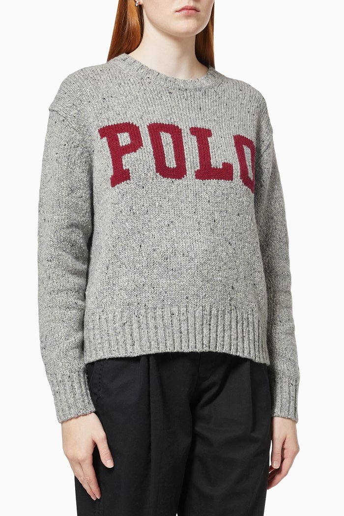 

Logo Intarsia Knit Sweater in Wool Blend, Grey