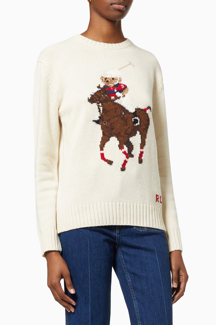 

Polo Bear & Big Pony Sweater in Cotton Wool Blend, White