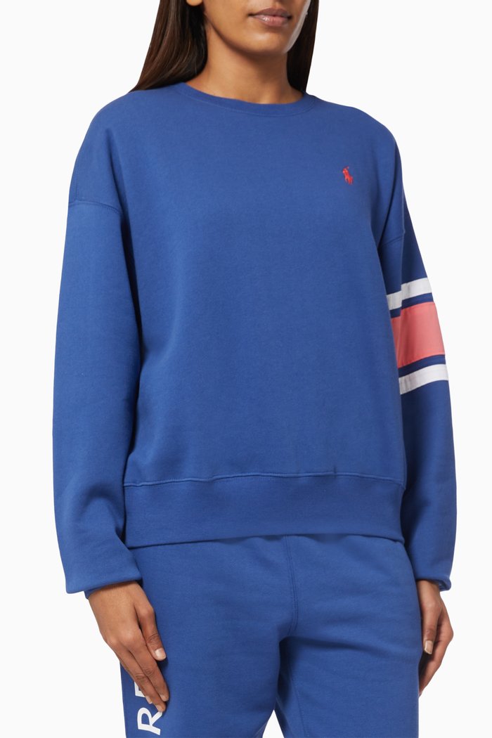 

Striped Trim Sweatshirt in Cotton Blend Fleece, Blue