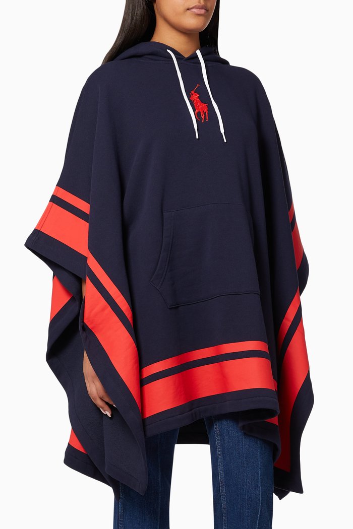 

Striped Hooded Poncho in Cotton Blend Fleece, Blue