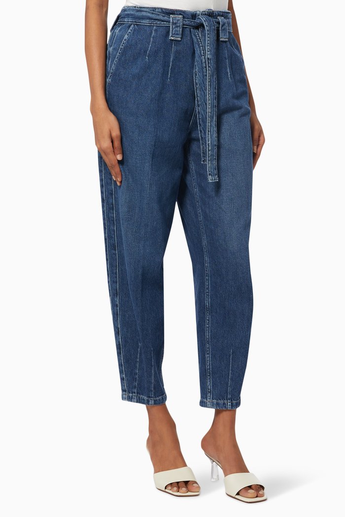 

Belted Tapered Trouser Jeans in Cotton Twill, Blue