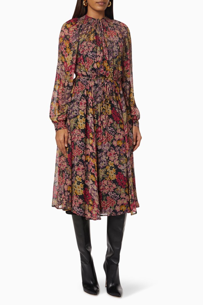 

Floral Midi Dress in Crinkled Chiffon, Black