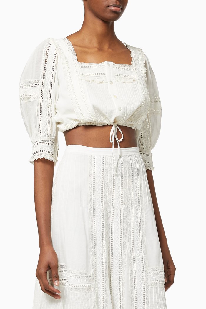 Lace Trim Cropped Blouse in Cotton Voile, Neutral