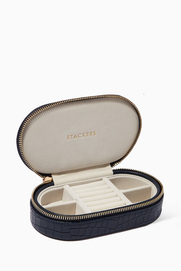 

Classic Oval Travel Jewellery Box in Croc-embossed Vegan Leather, Blue
