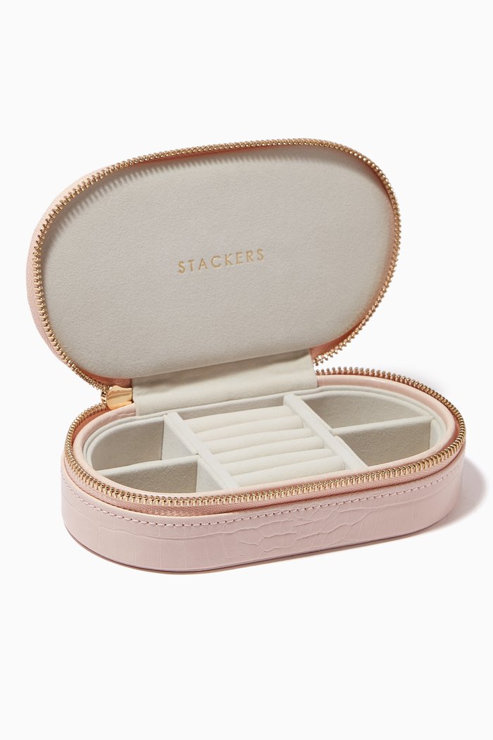 

Classic Oval Travel Jewellery Box in Croc-embossed Vegan Leather, Pink