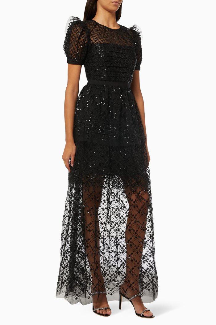 

Grid Sequin Tiered Maxi Dress in Mesh, Black
