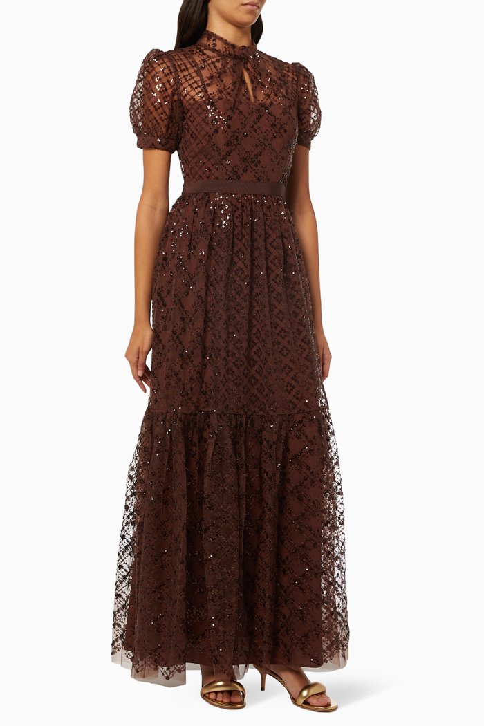 

Grid Sequin Maxi Dress in Mesh, Brown